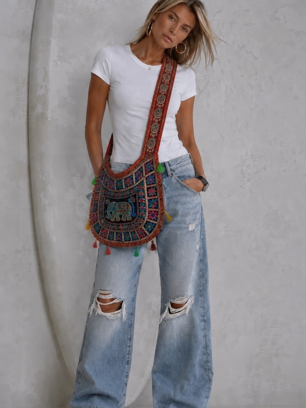 Boho Embroidered India Elephant Crossbody Bag in Multicolor New